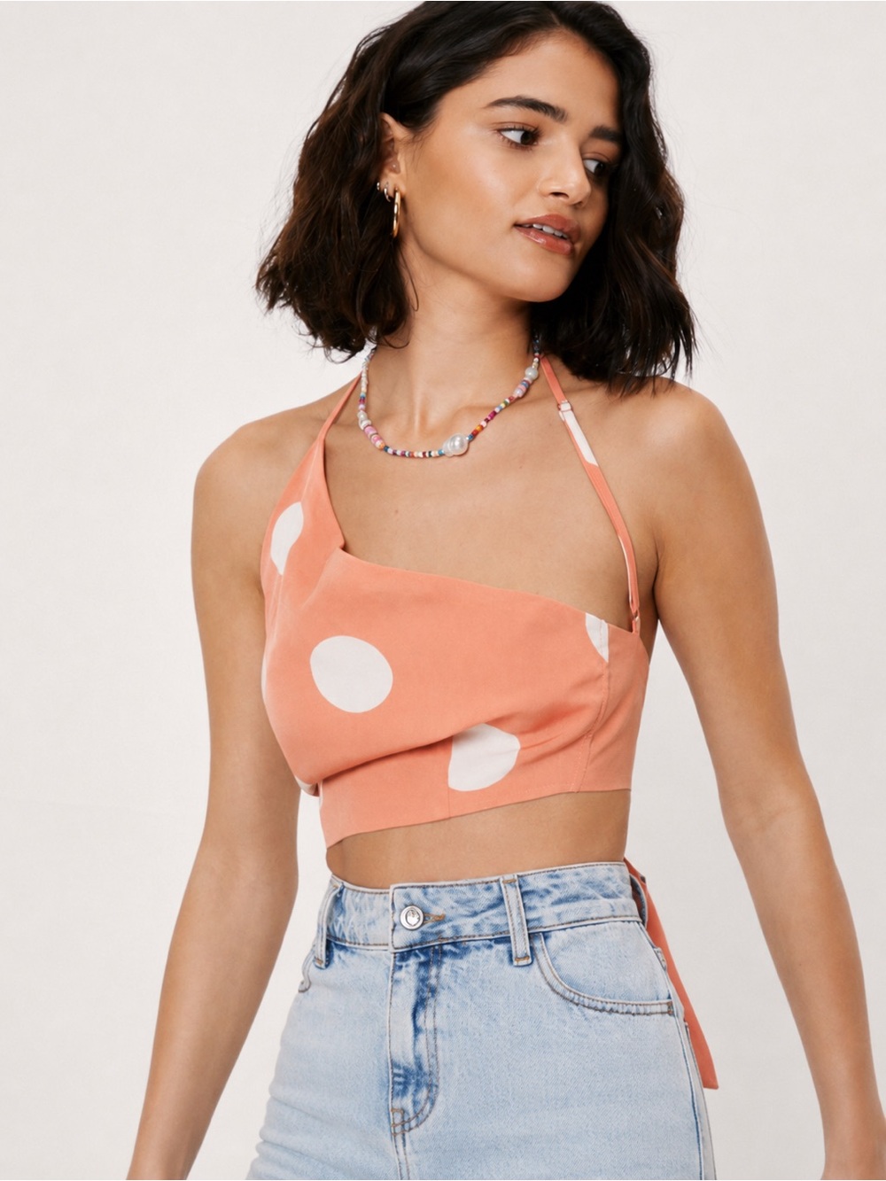 NWT Nasty Gal Polka Dot Asymmetric Halter Crop Top PEACH COLOR Size US 6